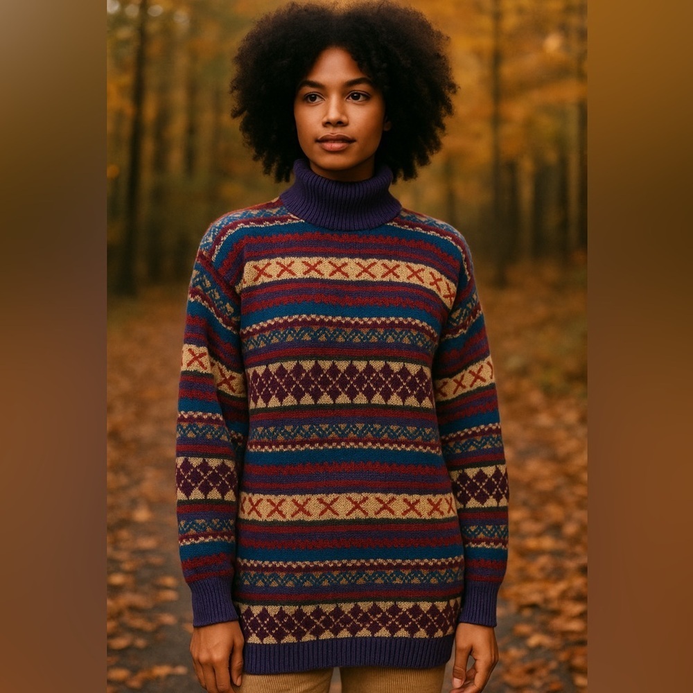 Vtg Jantzen Sweater Women’s Med Purple Blue Fall Fair Isle Colorful Artsy Retro